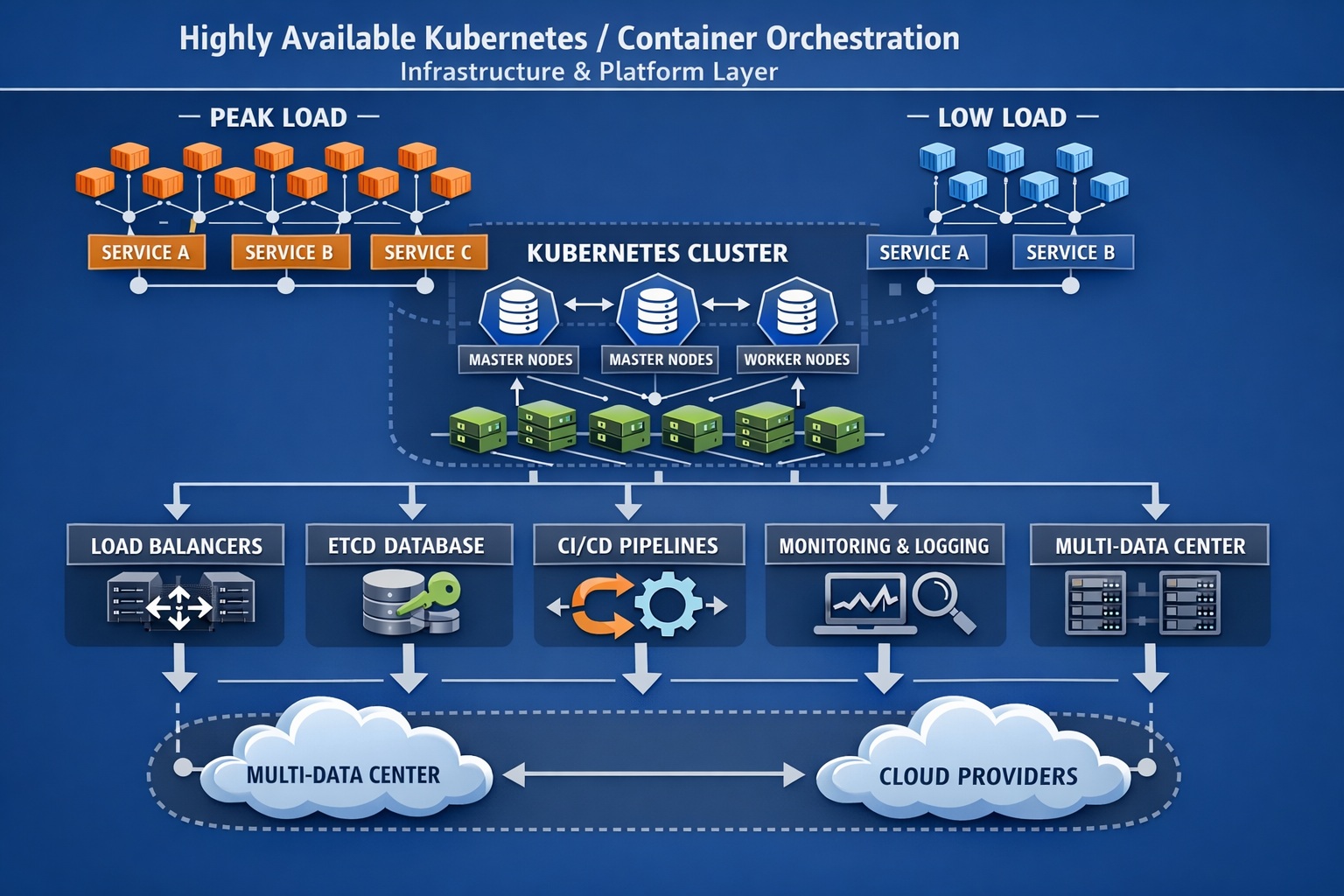 Highly Available (HA)-Kubernetes Infrastructure with Autoscaling enabled.